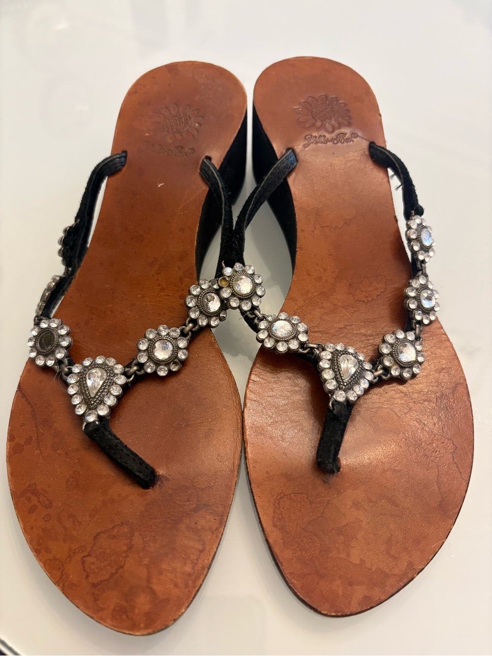 Embellished Black Leather T-Strap Sandals with Rhinestone Accents